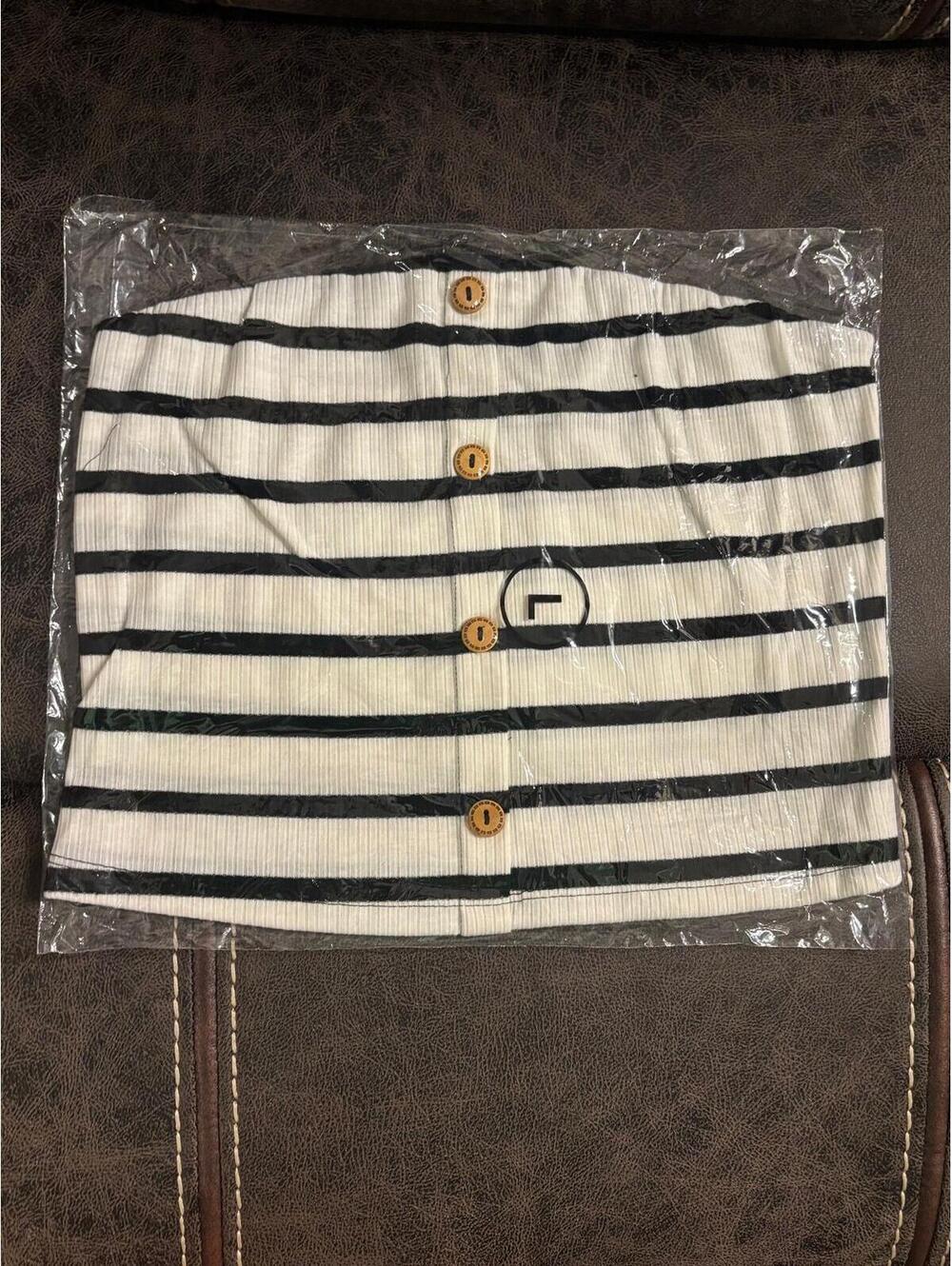 Ups & Downs Striped Tube Top Womens Large Black Cream Ribbed Faux Button Front